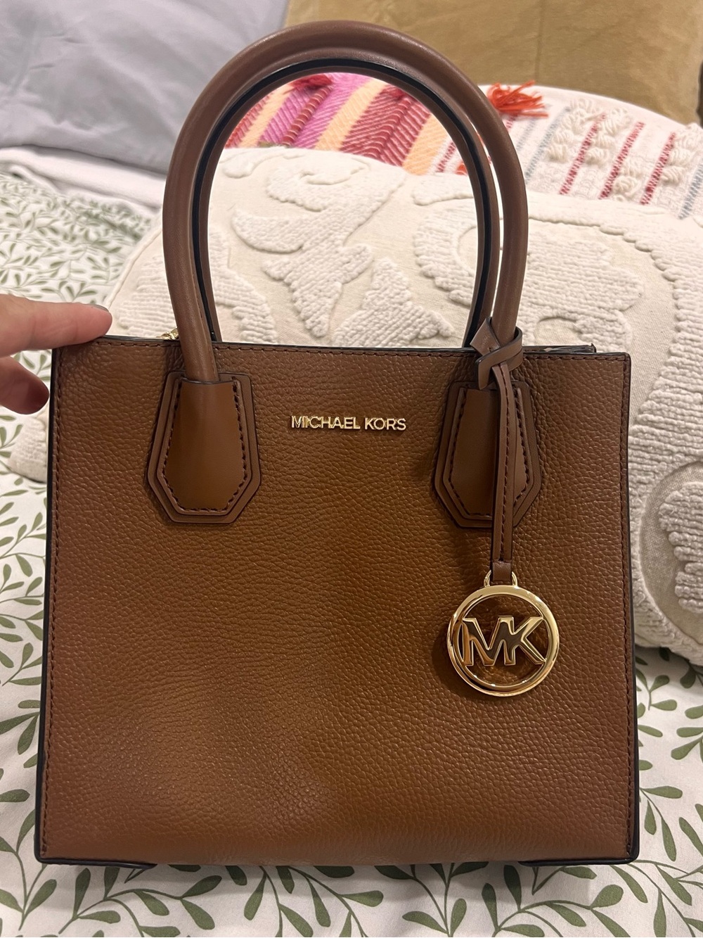 Michael Kors Chestnut Brown Pebbled Leather Satchel with Gold MK Charm